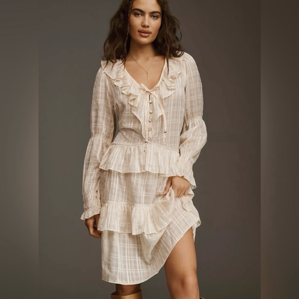 By Anthropologie Long-Sleeve Sheer Ruffled Tunic Dress